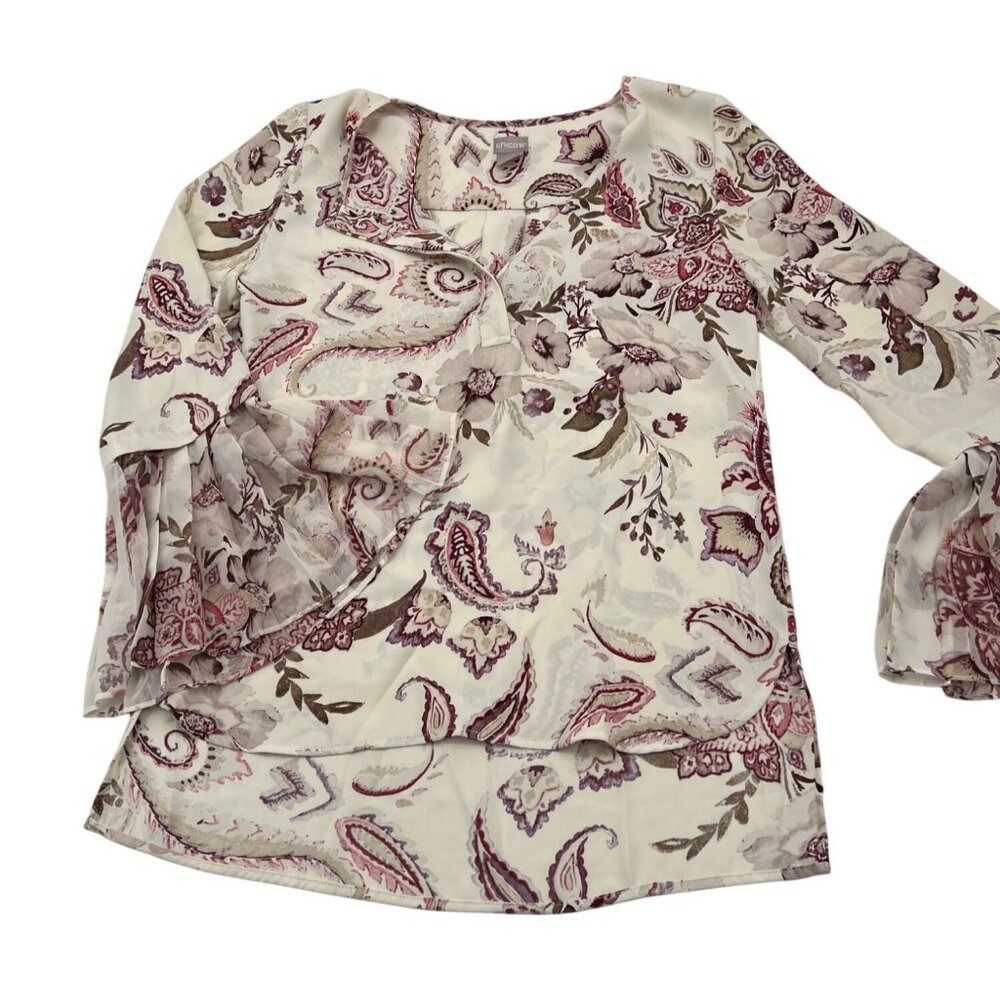 Chicos 00 xs Boho Paisley Floral Print Sheer Bell Sleeve Blouse Top Career